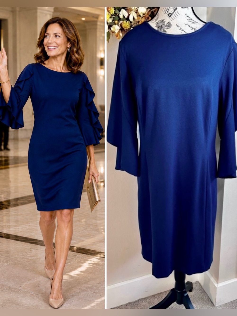 💥Lauren Ralph Lauren Navy Ponte Sheath Dress Cascading Ruffle Sleeves Sz 12💛